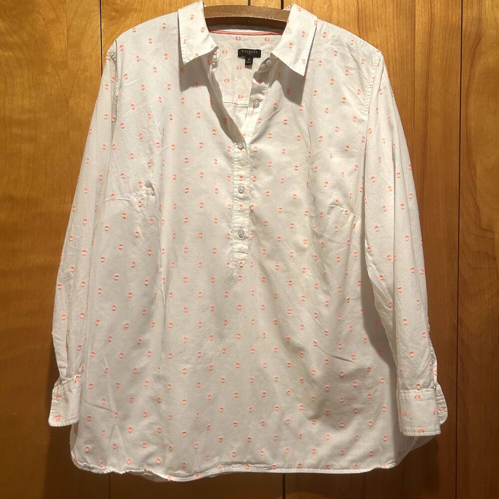 Talbots‎ White Popover Cotton Blouse-Sz 2X-Pink Embroidery-Preppy-Classic